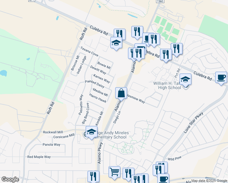map of restaurants, bars, coffee shops, grocery stores, and more near 6522 Oldham Cove in San Antonio