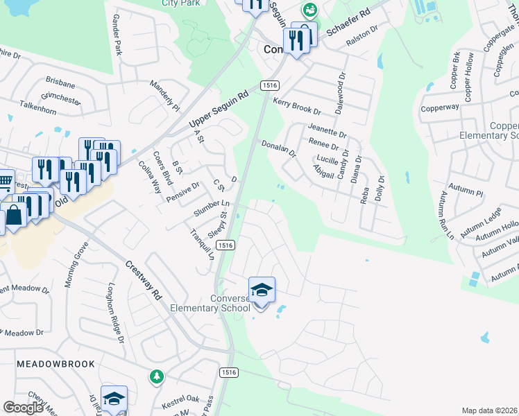 map of restaurants, bars, coffee shops, grocery stores, and more near 9002 Sage Way in Converse