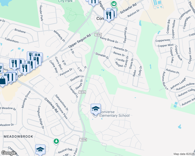map of restaurants, bars, coffee shops, grocery stores, and more near 9002 Sage Way in Converse