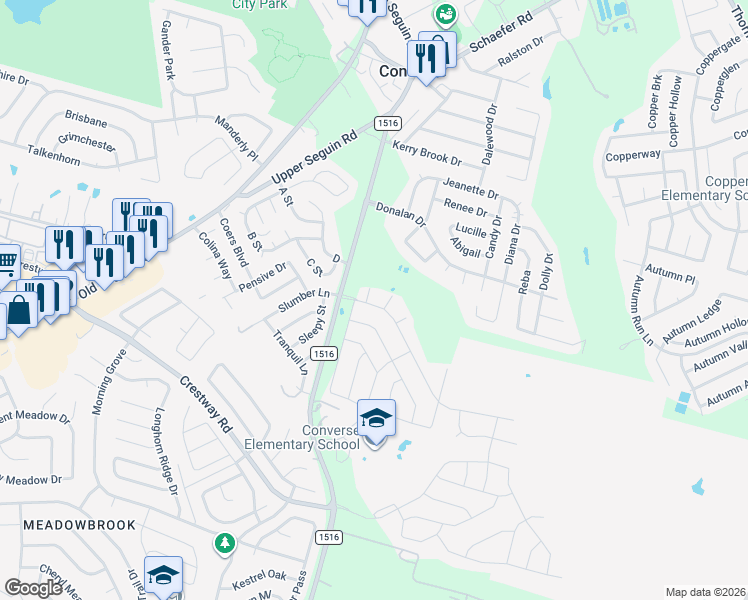 map of restaurants, bars, coffee shops, grocery stores, and more near 9002 Sage Way in Converse