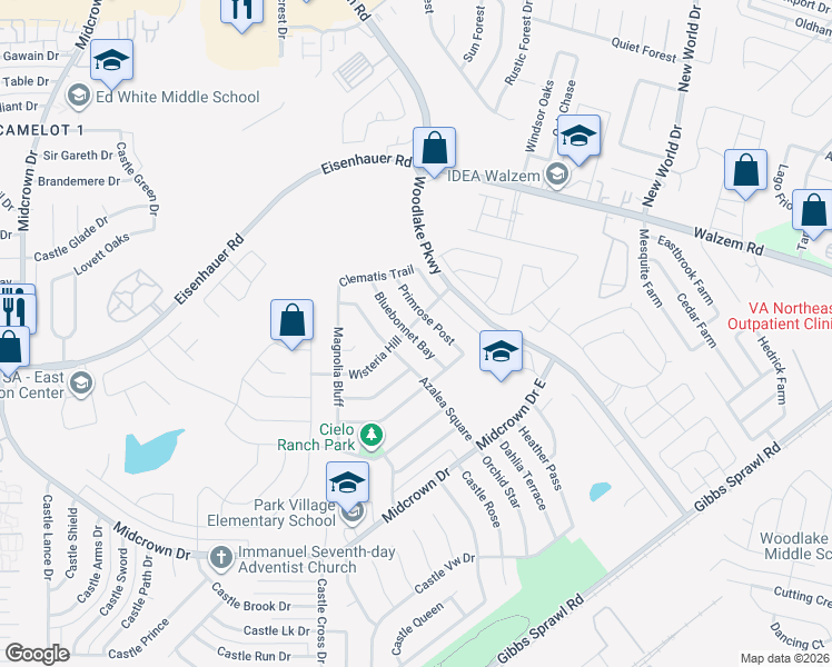 map of restaurants, bars, coffee shops, grocery stores, and more near 7351 Bluebonnet Bay in San Antonio