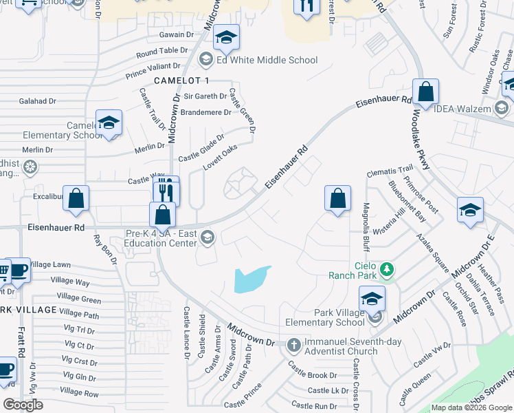 map of restaurants, bars, coffee shops, grocery stores, and more near 5611 Tranquil Dawn in San Antonio