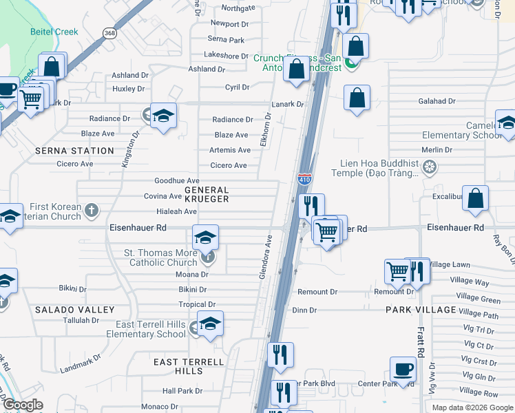 map of restaurants, bars, coffee shops, grocery stores, and more near 467 Hialeah Avenue in San Antonio