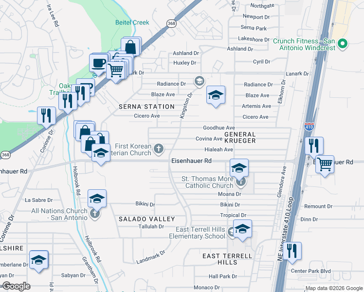 map of restaurants, bars, coffee shops, grocery stores, and more near 227 Hialeah Avenue in San Antonio