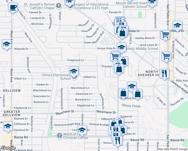 map of restaurants, bars, coffee shops, grocery stores, and more near 222 Gilbert Lane in San Antonio