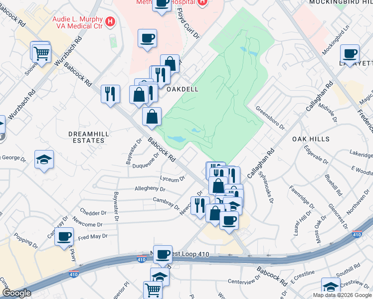 map of restaurants, bars, coffee shops, grocery stores, and more near 1847 Babcock Road in San Antonio