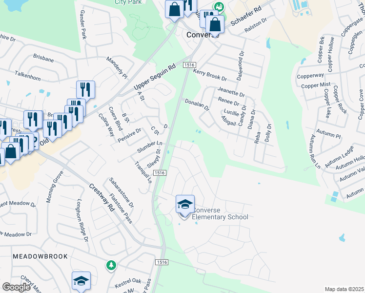 map of restaurants, bars, coffee shops, grocery stores, and more near 9002 Sage Way in Converse