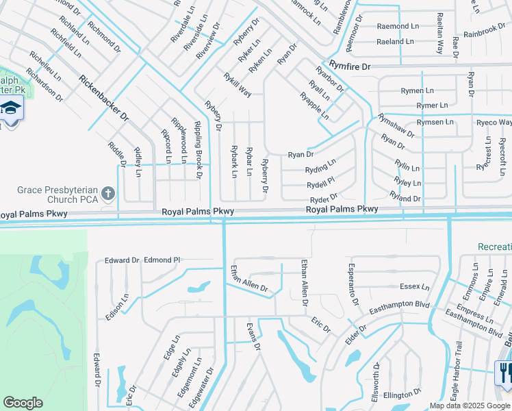 map of restaurants, bars, coffee shops, grocery stores, and more near 29 Ryberry Drive in Palm Coast