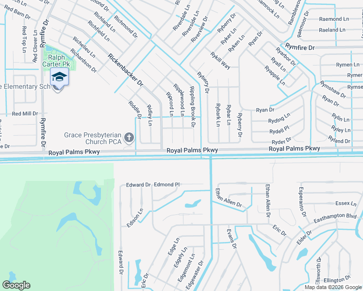 map of restaurants, bars, coffee shops, grocery stores, and more near Royal Palms Parkway in Palm Coast