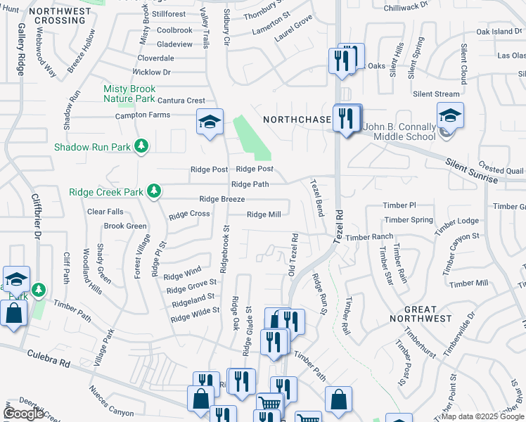 map of restaurants, bars, coffee shops, grocery stores, and more near 9135 Ridge Mill in San Antonio