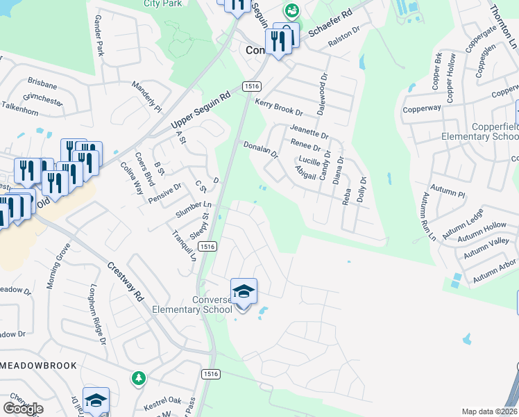 map of restaurants, bars, coffee shops, grocery stores, and more near 9114 Lowe Way in Converse