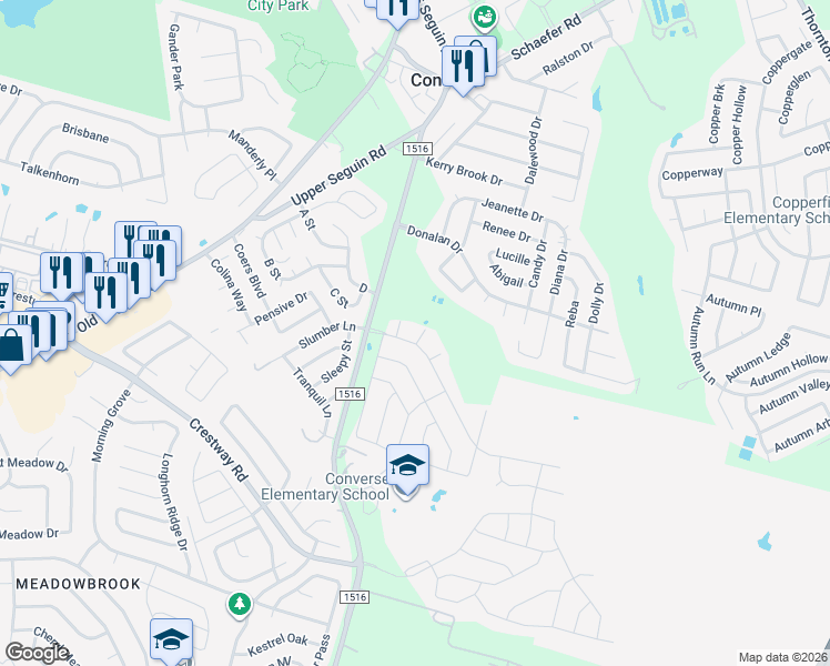 map of restaurants, bars, coffee shops, grocery stores, and more near 9002 Sage Way in Converse