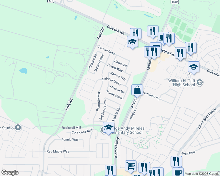 map of restaurants, bars, coffee shops, grocery stores, and more near 12223 Harris Hawk in San Antonio