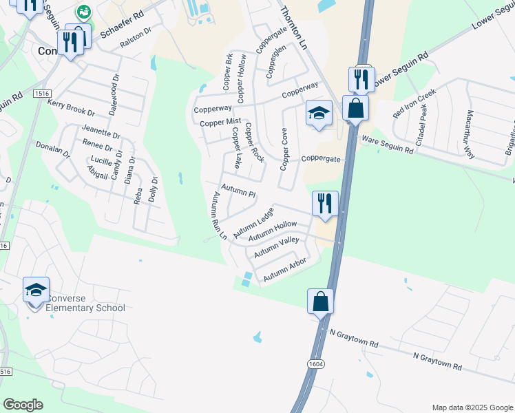 map of restaurants, bars, coffee shops, grocery stores, and more near 7222 Autumn Acres in Converse