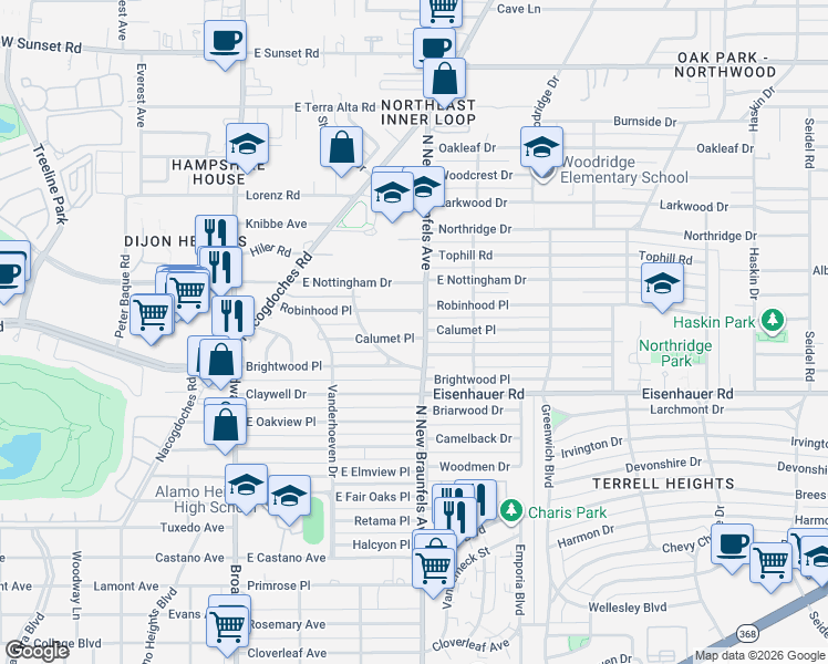 map of restaurants, bars, coffee shops, grocery stores, and more near 232 Calumet Place in San Antonio