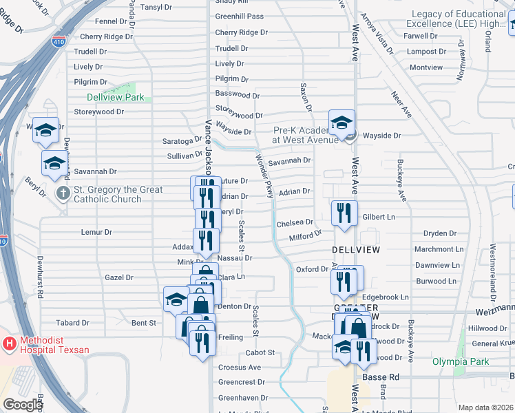 map of restaurants, bars, coffee shops, grocery stores, and more near 214 Beryl Drive in San Antonio