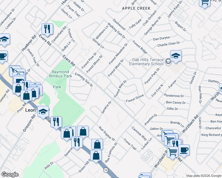map of restaurants, bars, coffee shops, grocery stores, and more near 6506 Forest Grove in San Antonio