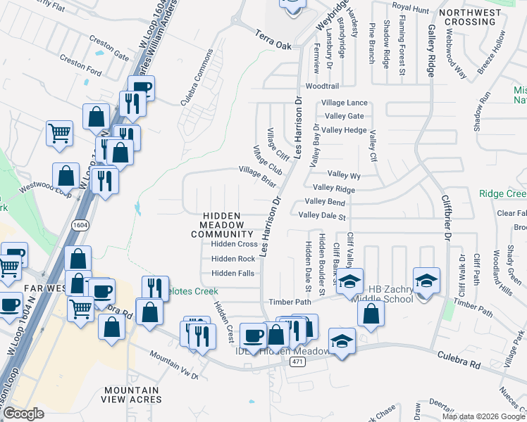 map of restaurants, bars, coffee shops, grocery stores, and more near 9714 Valley Crest in San Antonio