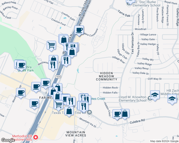 map of restaurants, bars, coffee shops, grocery stores, and more near 9819 Valley Villa in San Antonio