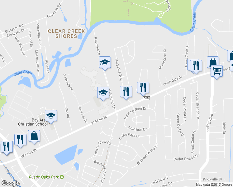 map of restaurants, bars, coffee shops, grocery stores, and more near 308 Palomino Lane in League City