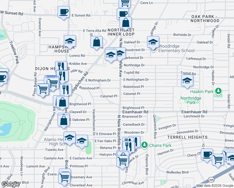 map of restaurants, bars, coffee shops, grocery stores, and more near 232 Calumet Place in San Antonio