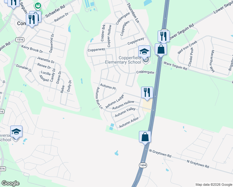 map of restaurants, bars, coffee shops, grocery stores, and more near 7222 Autumn Acres in Converse