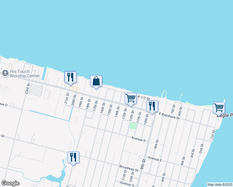 map of restaurants, bars, coffee shops, grocery stores, and more near 125 15th Street in San Leon