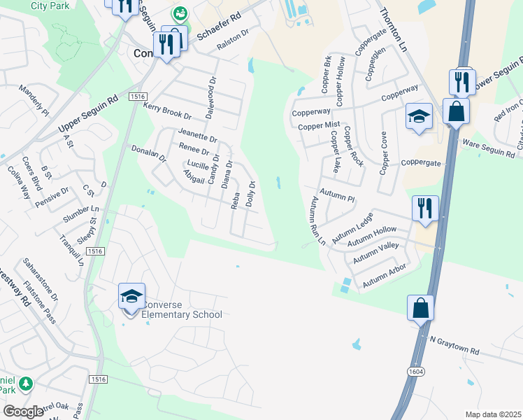 map of restaurants, bars, coffee shops, grocery stores, and more near 506 Donalan Drive in Converse