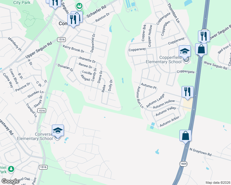 map of restaurants, bars, coffee shops, grocery stores, and more near 506 Donalan Drive in Converse