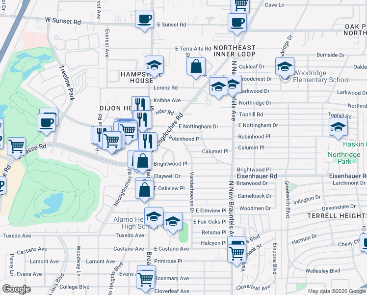map of restaurants, bars, coffee shops, grocery stores, and more near 917 Vanderhoeven in San Antonio