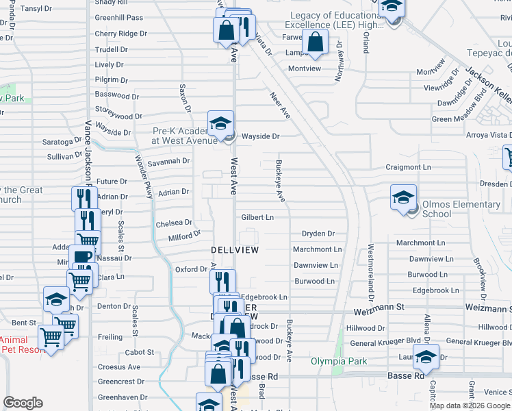map of restaurants, bars, coffee shops, grocery stores, and more near 539 Gilbert Lane in San Antonio