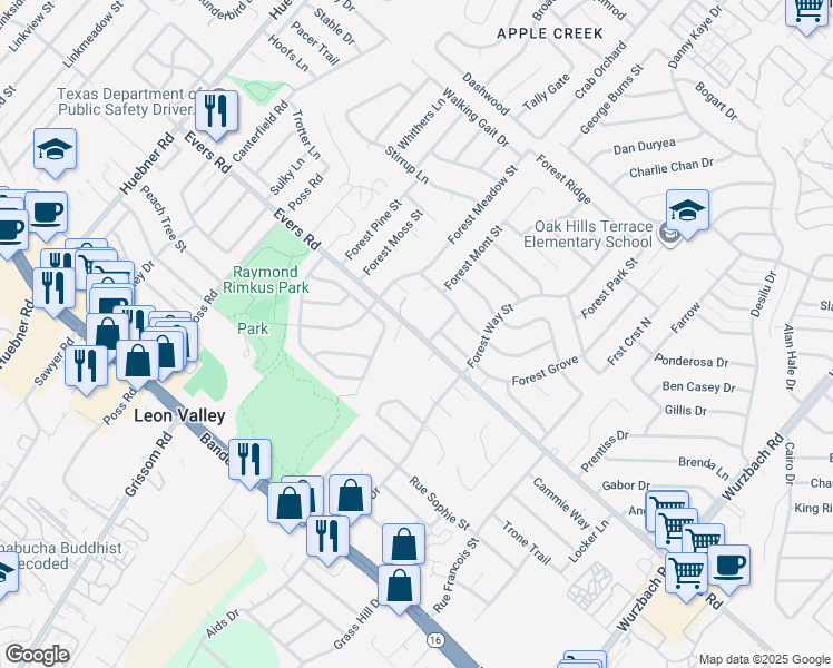 map of restaurants, bars, coffee shops, grocery stores, and more near in Leon Valley