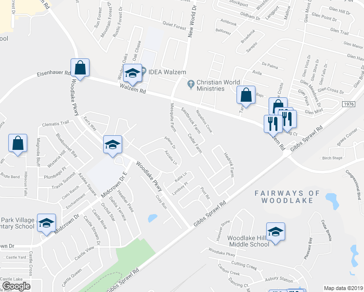 map of restaurants, bars, coffee shops, grocery stores, and more near 7639 Mesquite Farm in San Antonio