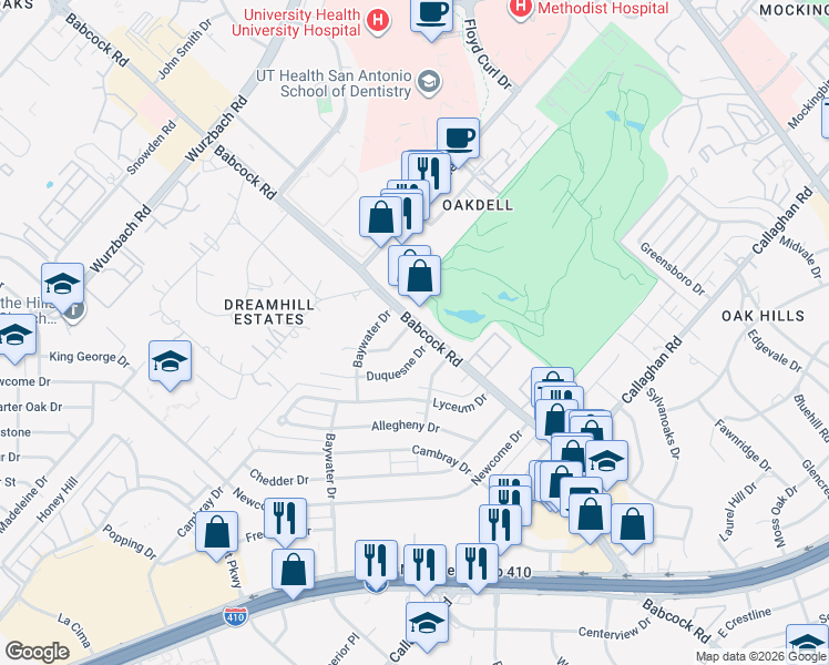 map of restaurants, bars, coffee shops, grocery stores, and more near 4502 Duquesne Drive in San Antonio