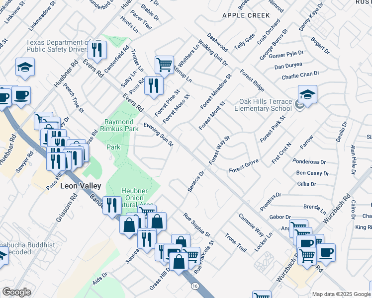 map of restaurants, bars, coffee shops, grocery stores, and more near in Leon Valley