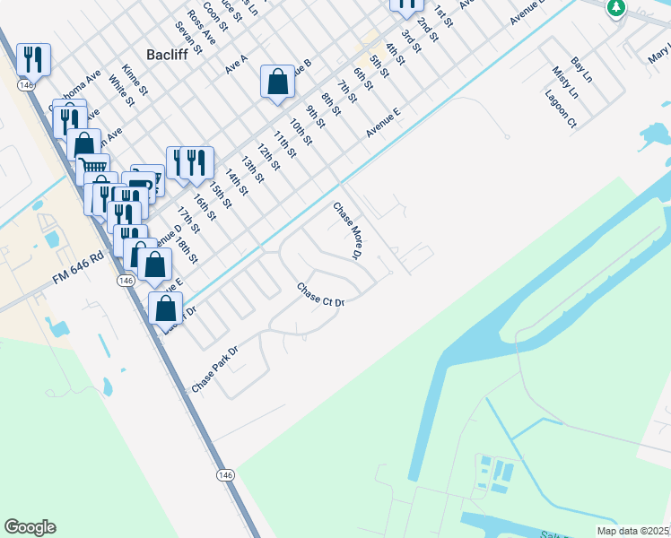 map of restaurants, bars, coffee shops, grocery stores, and more near 4919 Chase Wick Drive in Bacliff