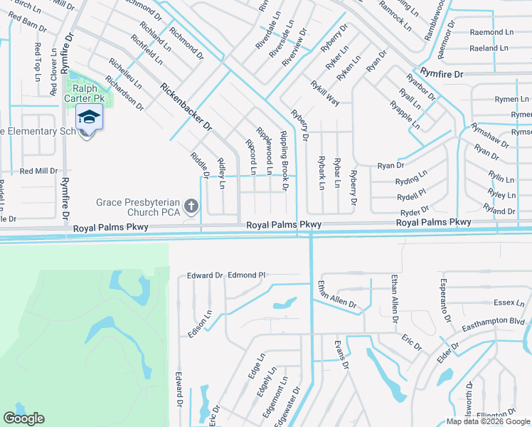 map of restaurants, bars, coffee shops, grocery stores, and more near Royal Palms Parkway in Palm Coast