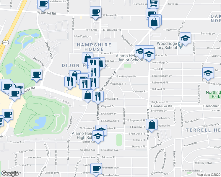 map of restaurants, bars, coffee shops, grocery stores, and more near 1815 La Sombra Drive in San Antonio