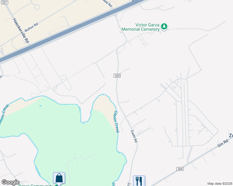 map of restaurants, bars, coffee shops, grocery stores, and more near County Road 325 in Guadalupe County