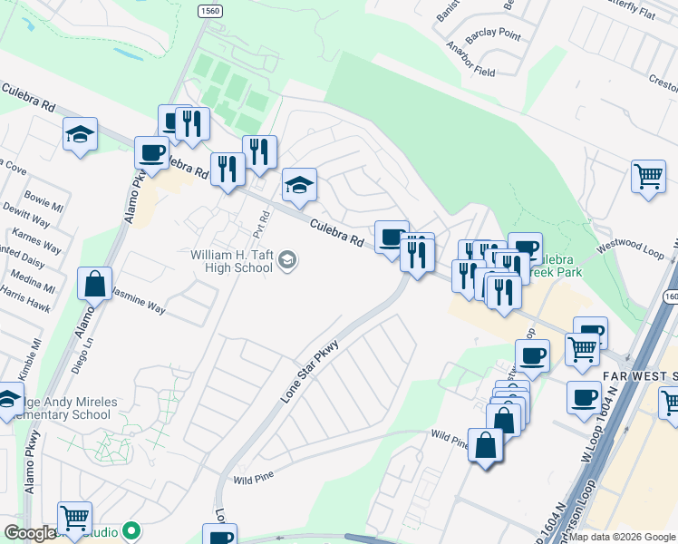 map of restaurants, bars, coffee shops, grocery stores, and more near 11434 Culebra Road in San Antonio