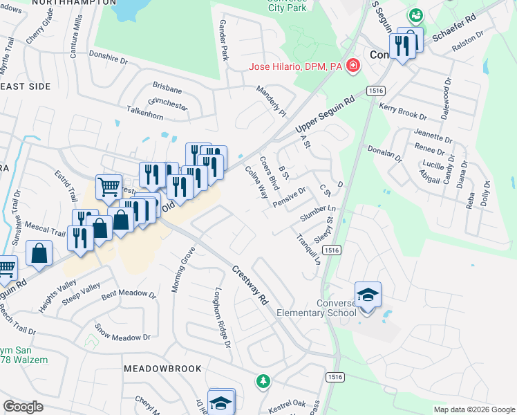 map of restaurants, bars, coffee shops, grocery stores, and more near 7410 Seguin Road in Converse