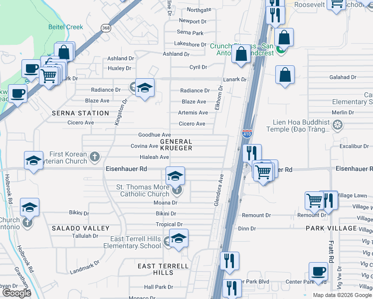 map of restaurants, bars, coffee shops, grocery stores, and more near 439 Hialeah Avenue in San Antonio