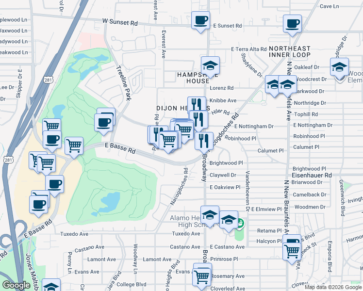 map of restaurants, bars, coffee shops, grocery stores, and more near 999 East Basse Road in San Antonio