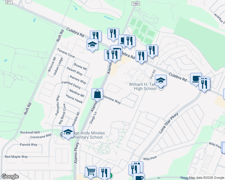 map of restaurants, bars, coffee shops, grocery stores, and more near 11918 Travis Path in San Antonio
