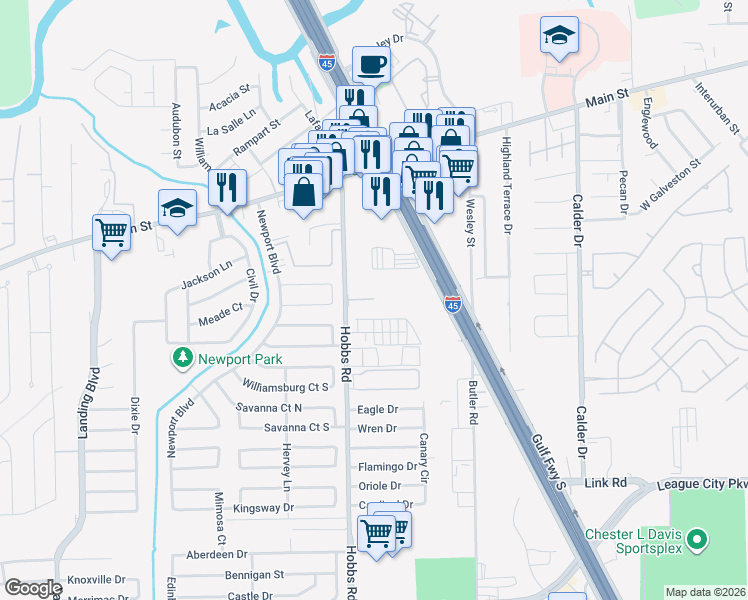 map of restaurants, bars, coffee shops, grocery stores, and more near 500 Hobbs Road in League City