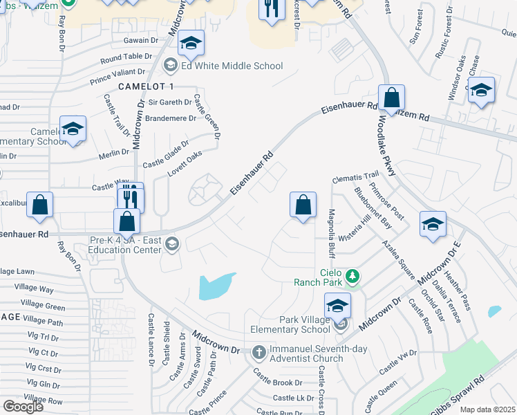 map of restaurants, bars, coffee shops, grocery stores, and more near 7501 Spanish Dagger in San Antonio