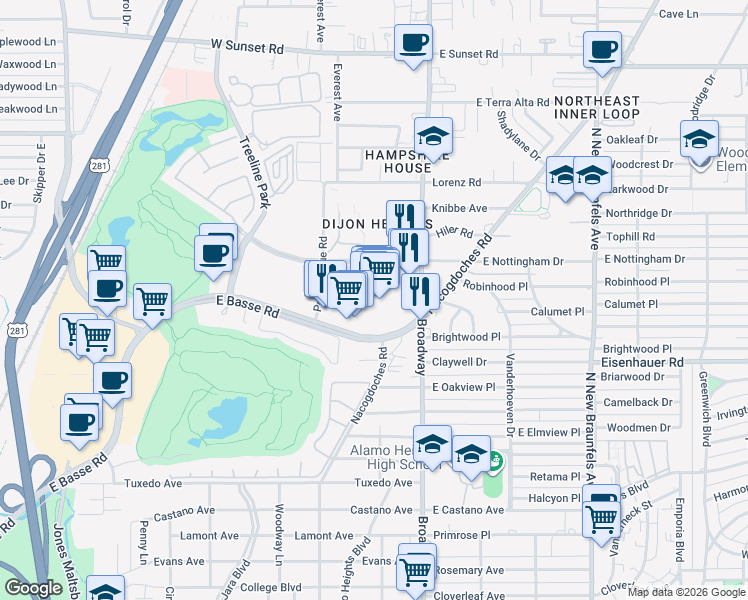 map of restaurants, bars, coffee shops, grocery stores, and more near 999 East Basse Road in San Antonio