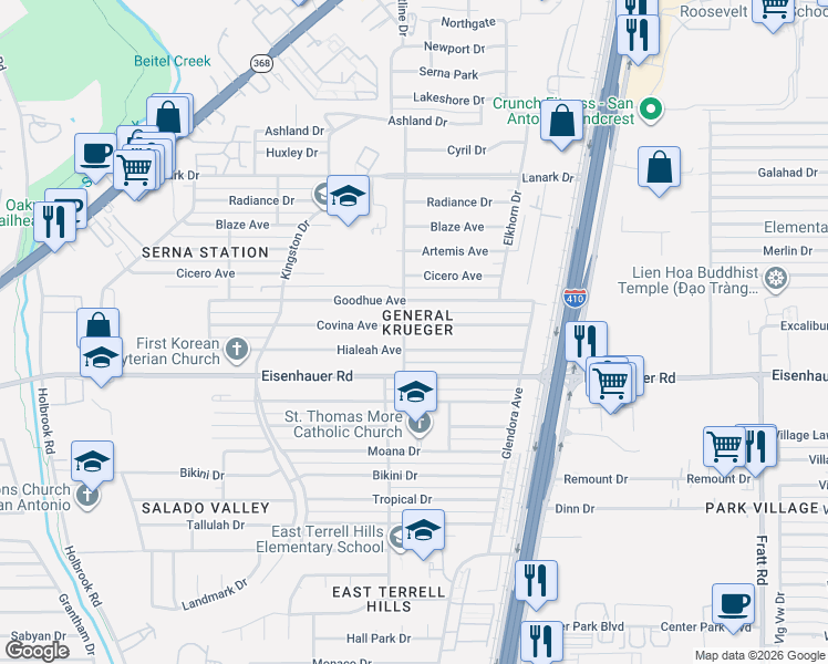 map of restaurants, bars, coffee shops, grocery stores, and more near 411 Hialeah Avenue in San Antonio