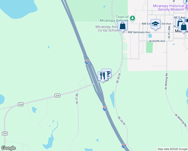 map of restaurants, bars, coffee shops, grocery stores, and more near Interstate 75 in Micanopy