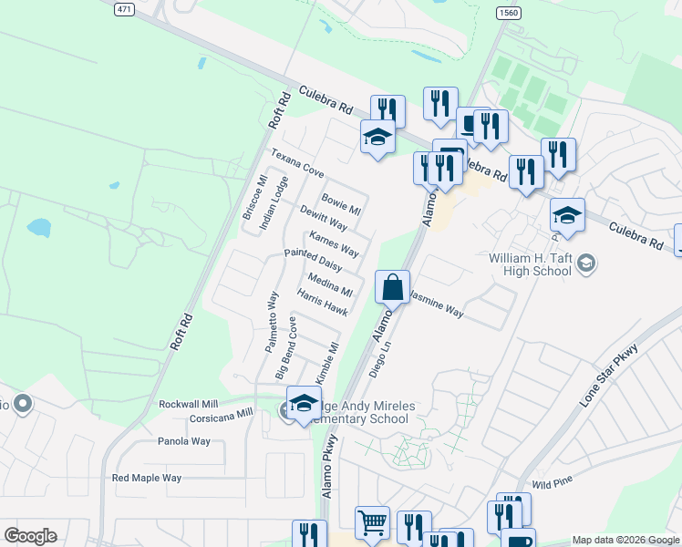 map of restaurants, bars, coffee shops, grocery stores, and more near 12123 Medina Mill in San Antonio